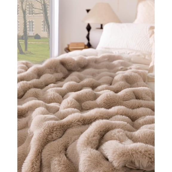 Ultra Soft Cozy Faux Fur Throw Blanket, Fuzzy Plush Thick Bubble Blanket, Oversize Luxury Fluffy Blanket for Couch, Sofa, Bedroom, and Living Room, 50x60 Inches, Light Brown