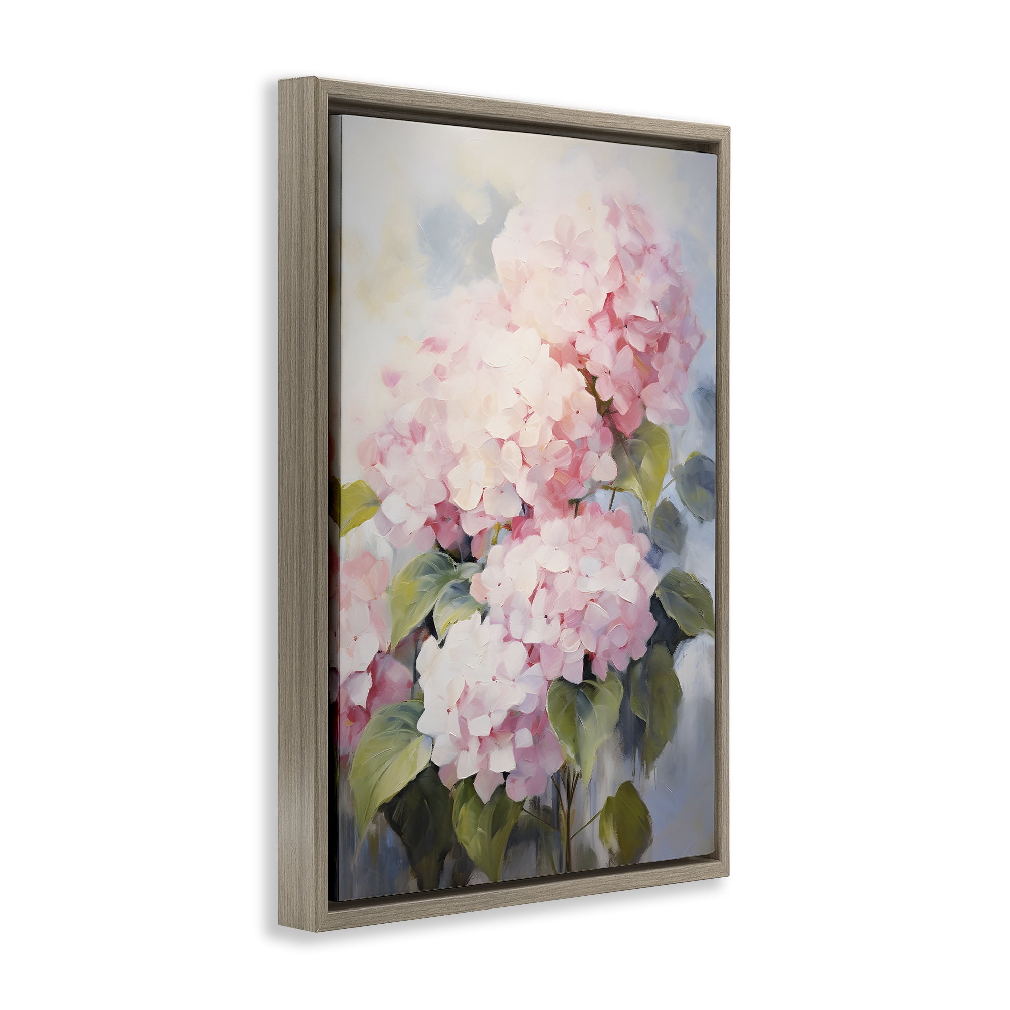 Stupell Industries Pale Pink Hydrangea Botanical & Floral Painting Brown Floater Framed Art Print Wall Art, 21 x 31