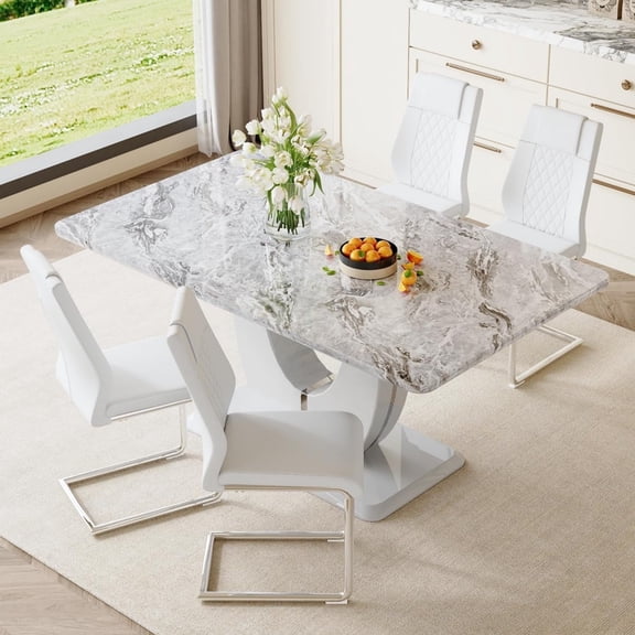 SUDICA 5-Piece 63" Rectangular Faux Marble Dining Table Set, White MDF Base with 4 PU Leather Chairs for Dining Room Kitchen
