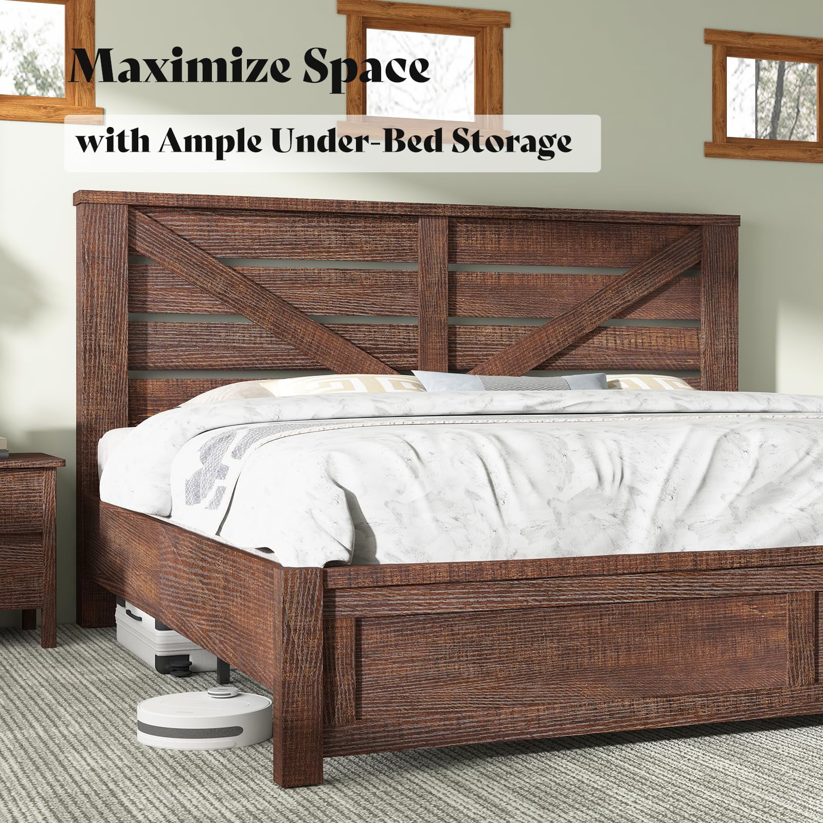 LUXOAK King Size Farmhouse Bed Frame with Rustic Barn Door, Storage Space and Wood Slats, Brown