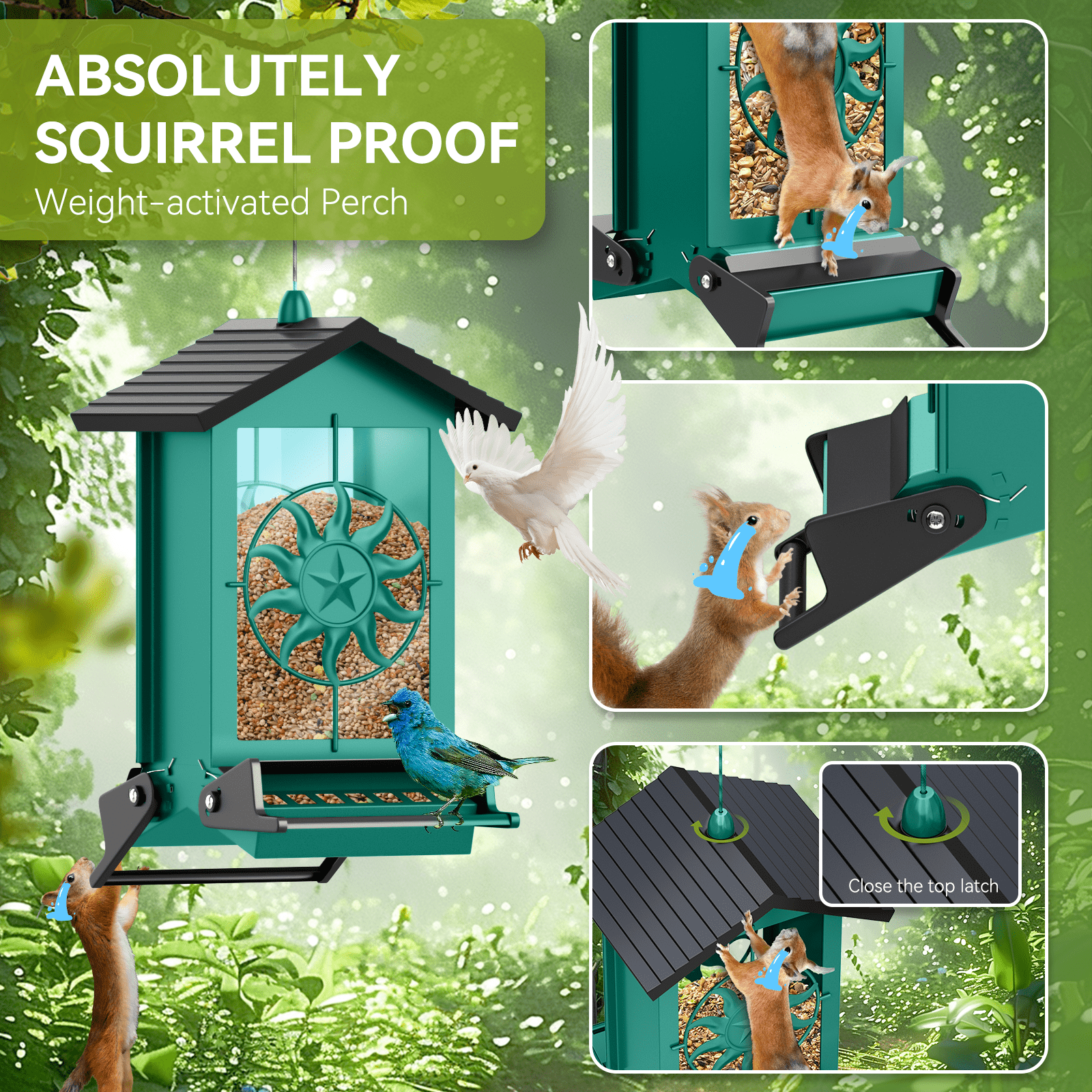 Squirrel Proof Bird Feeder for Outdoors Hanging, Metal Wild Bird Seed Feeder with Bilateral Weight-Activated Perches, 5LB Large Capacity Wild Bird Feeders for Outside Finch, Cardinal, Blue Jay