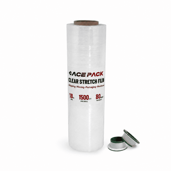 Ace Pack 18in x 1500ft 80 Gauge Heavy Duty Clear Stretch Film 800% Stretch Ability Shrink Wrap Self Adhesive Plastic Wrap for Packing and Moving Protection - 1 Roll