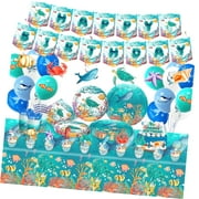 SKYSONIC 205-Piece Under the Sea Party Decorations Set (Serves 20) - Complete Ocean Animal Birthday Supplies Including Banner, Cake Topper, Plates, Cups, Napkins, and Tablecloth