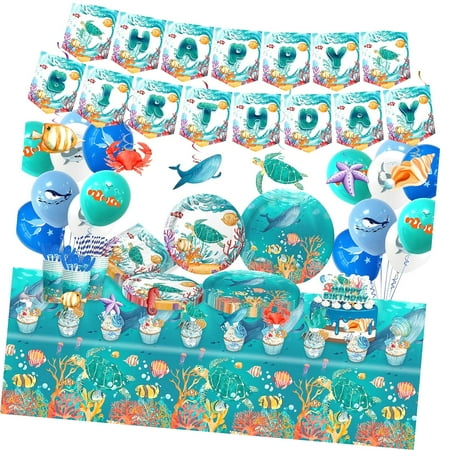 SKYSONIC 205-Piece Under the Sea Party Decorations Set (Serves 20) - Complete Ocean Animal Birthday Supplies Including Banner, Cake Topper, Plates, Cups, Napkins, and Tablecloth