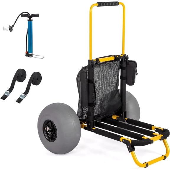 Beach Fishing Cart, Beach Wagon Trolley with 12" Big Balloon Wheels for Sand Foldable Beach Trailer with 18.5" x 15" Cargo Deck, Fishing Rods Holder, Water Bottle Holder, Mesh Bag, Hand Pump