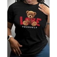thumbnail image 1 of Camiseta de San Valentín para mujer con diseño de osito "Love Yourself". Cuello redondo, manga corta, tejido de verano, largo normal, estampado de dibujos animados. Para adultos, hombres, mujeres, ado, 1 of 8