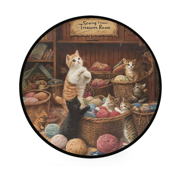 BZSMCE Round Decorative Floor Mat Kittens Playing with Yarn Balls Pattern 36.2IN