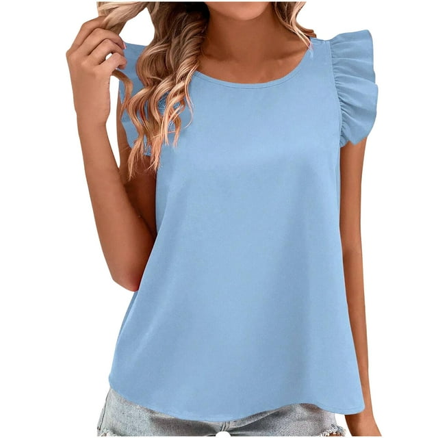 Yuyuzo Womens Summer Tops Ruffle Cap Sleeve Tank Tops Round Neck Going out Tops Ladies Dressy Top