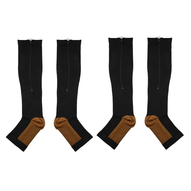 2X Medias de Compresión Calcetín de Compresión con Cremallera de Nylon Pierna Soporte de Rodilla Punta Abierta Que Evita Las Venas Varicosas Calcetines Elásticos (Negro) XXL