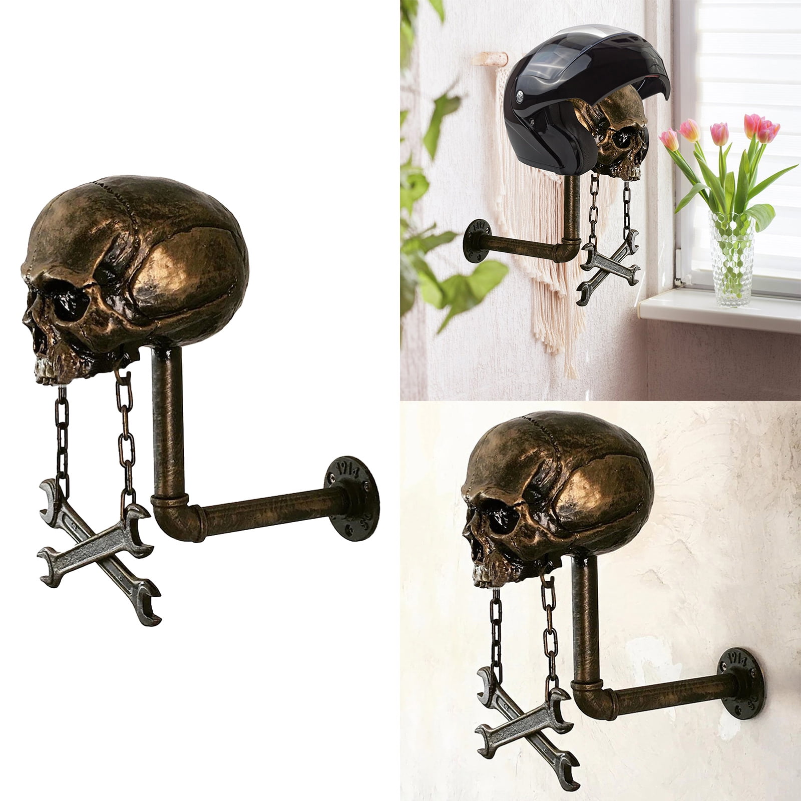 BIBABLYKE Motorbike Helmet Display Rack Motorbike Helmet Holder Skull Shape Helmet Stand Wall Mounted Helmet Rack for Coat