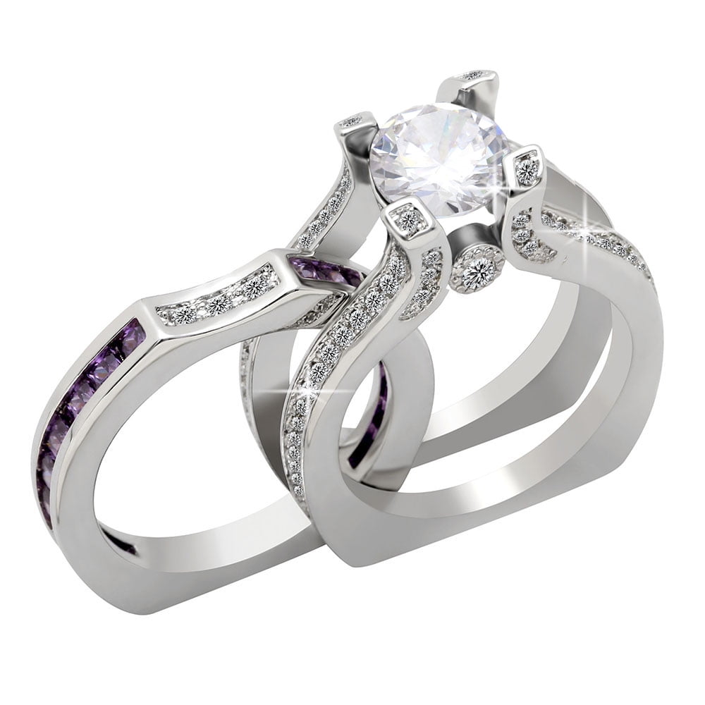 Bishilin Silver Plated Cubic Zirconia Inlaid Women Wedding Ring Set 2Pcs Size 7.5