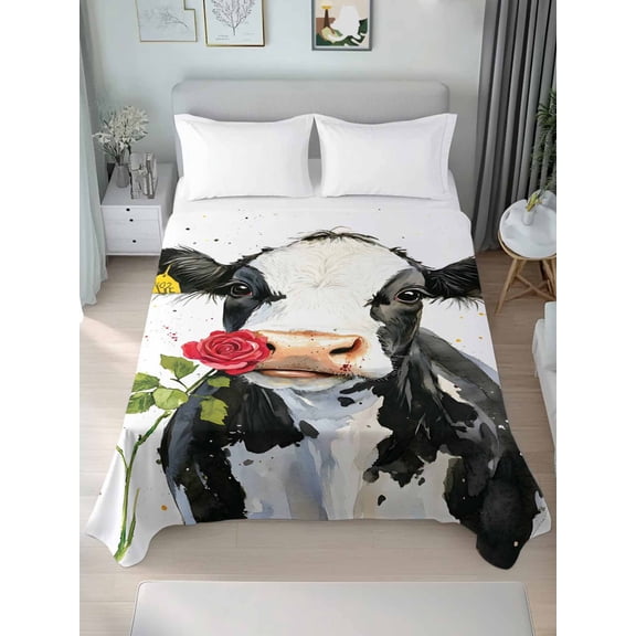 Black White Cow Full Size Flat Sheet, Wrinkleproof & Fadeproof Cooling Flat Bed Sheet Only, Spring Farmhouse Animals Printed Red Floral Breathable Soft Bedding Top Sheets 81 x 96 Inches