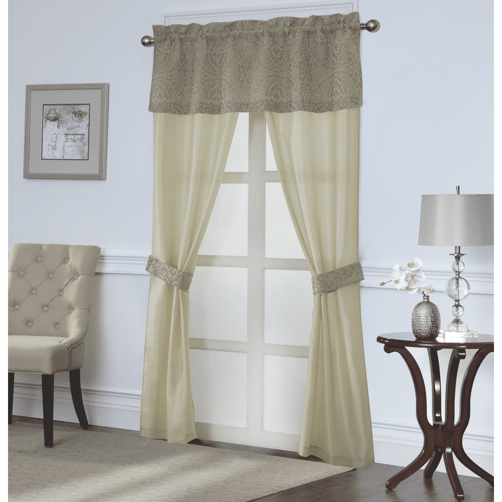 Complete 5 Pc Damask Semi Sheer Window in a Bag Curtain Set Linen