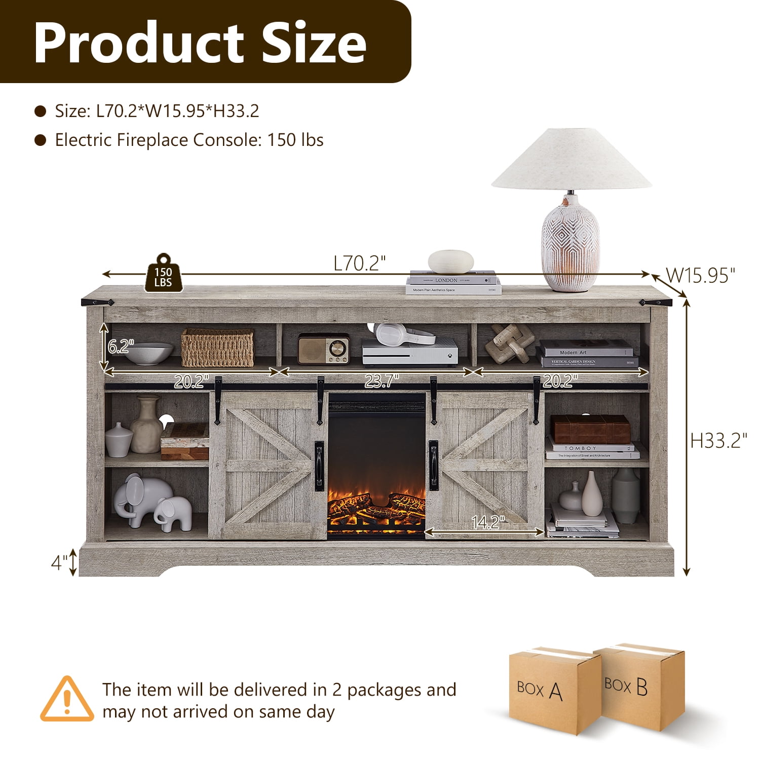 KeyWhat Farmhouse Fireplace TV Stand for TVs up to 80", 37" Electric Fireplace & Barn Door