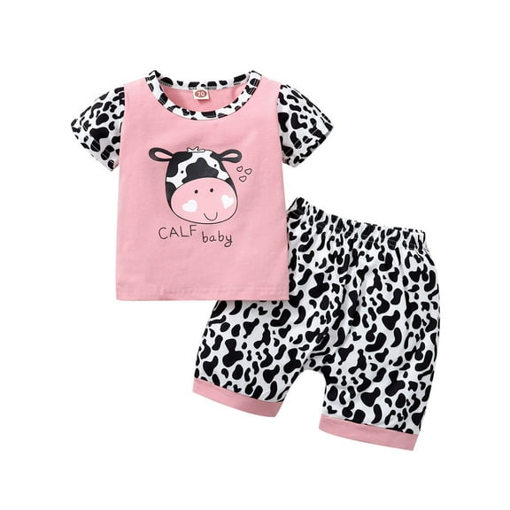 Dooleck Baby Girl Shorts Outfit Cow Print Shirt Top Leopard Pant Set Summer Clothes