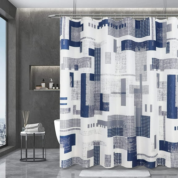 Shower Curtain 72 x 84 Inch, Extra Long Shower Curtain Blue,Cloth Fabric Shower Curtain for Bathroom Decor, Mid Century Modern Minimalist Waterproof Shower Curtain Set with Hooks, Navy and White