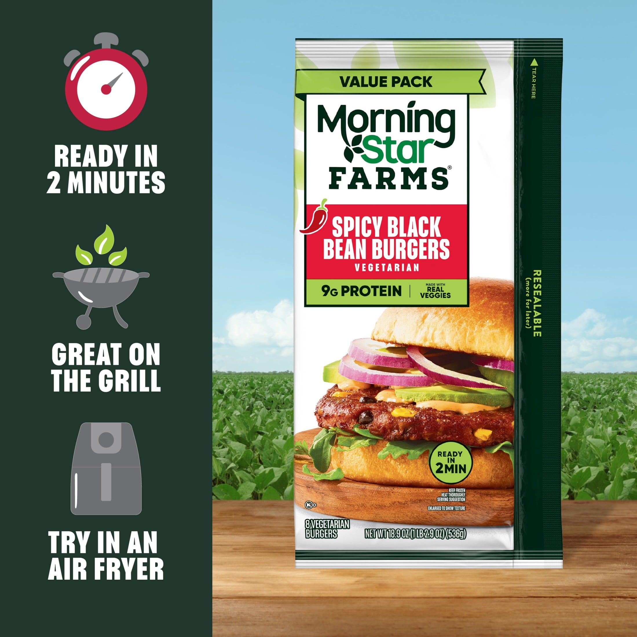 MorningStar Farms Spicy Black Bean Veggie Burgers, Vegetarian Meat, 18.9 oz, 8 Count (Frozen)