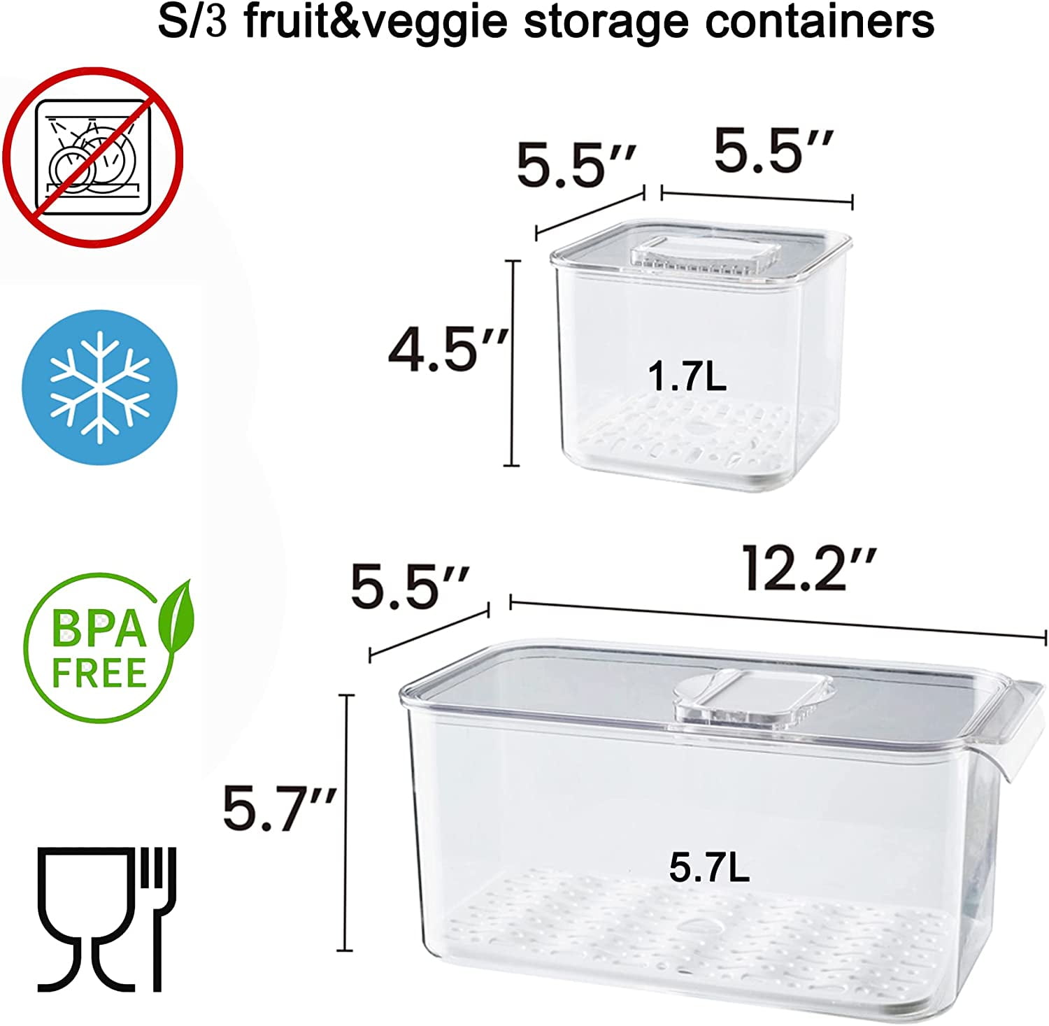 Extra Large Fruit Vegetable Storage Container with Folding Lids, 3 Pack Produce Saver with Vents Stackable Fridge Organizer Salad Lettuce Keeper For Refrigerator, 9L&5.7L&2.8L