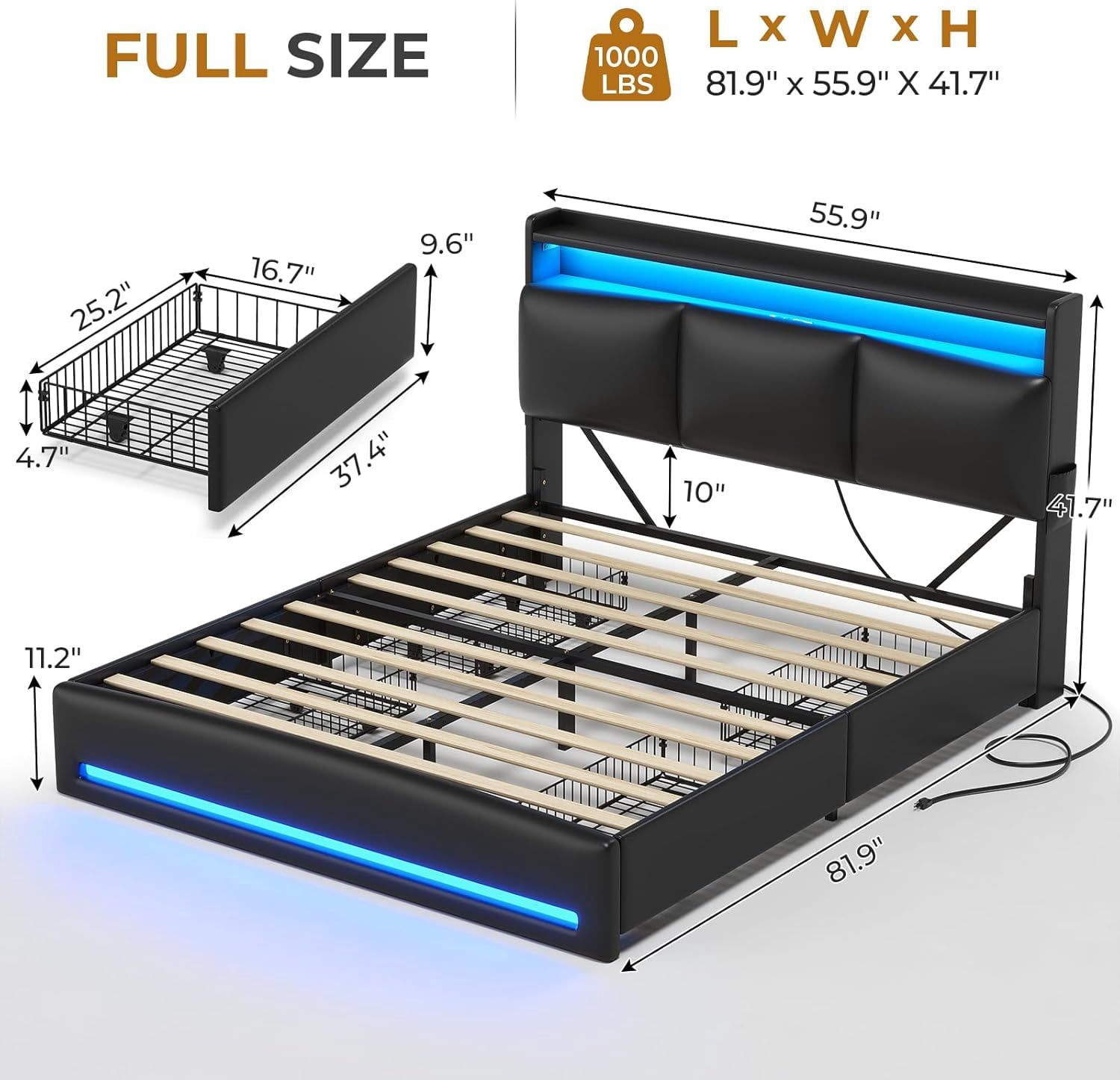 AOGLLATI Full Size Platform Bed Frame with 4 Storage Drawers, Upholstered PU Leather Headboard with Hidden Compartment, Integrated Led Lights & Charging Station, Black