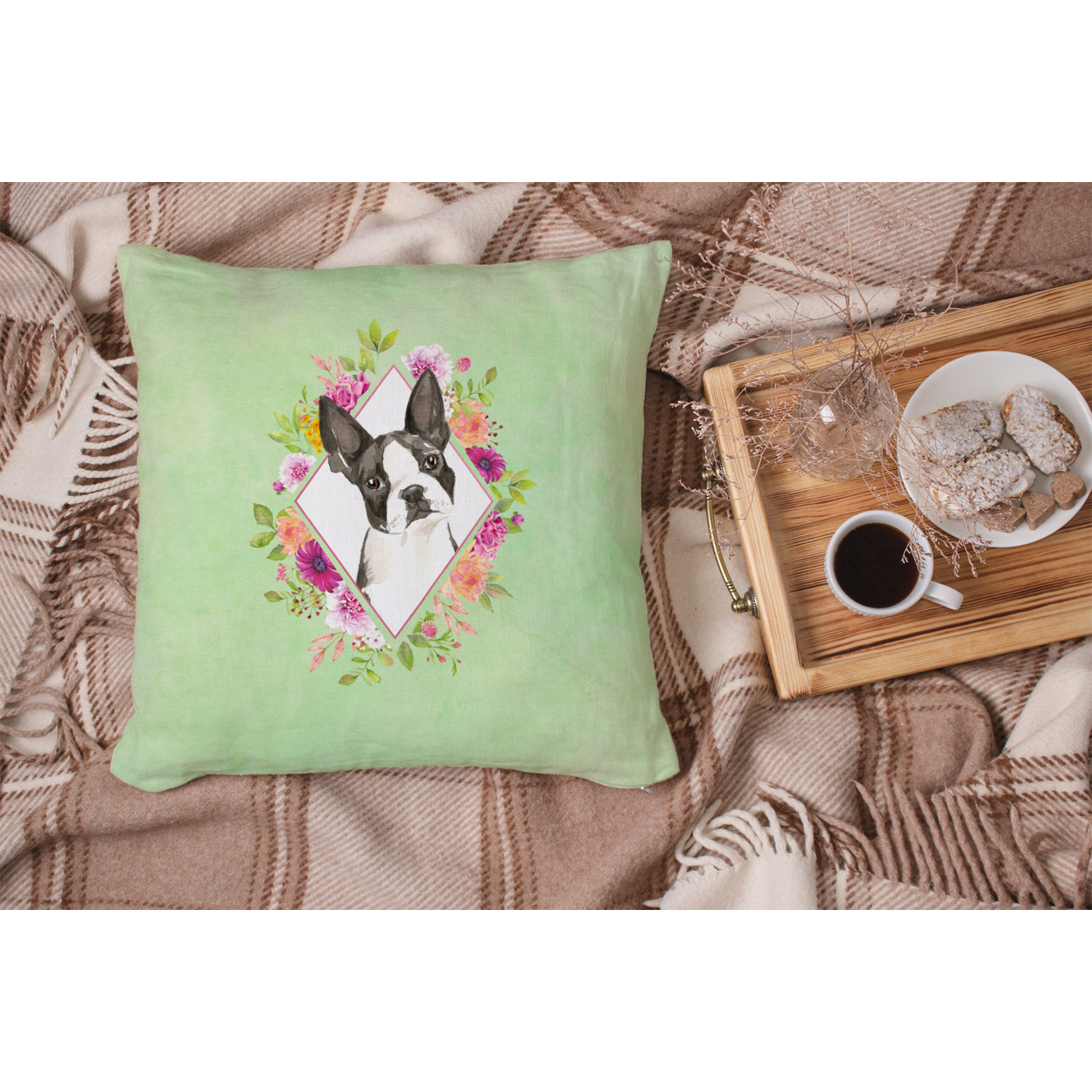 Boston Terrier Green Flowers Fabric Decorative Pillow