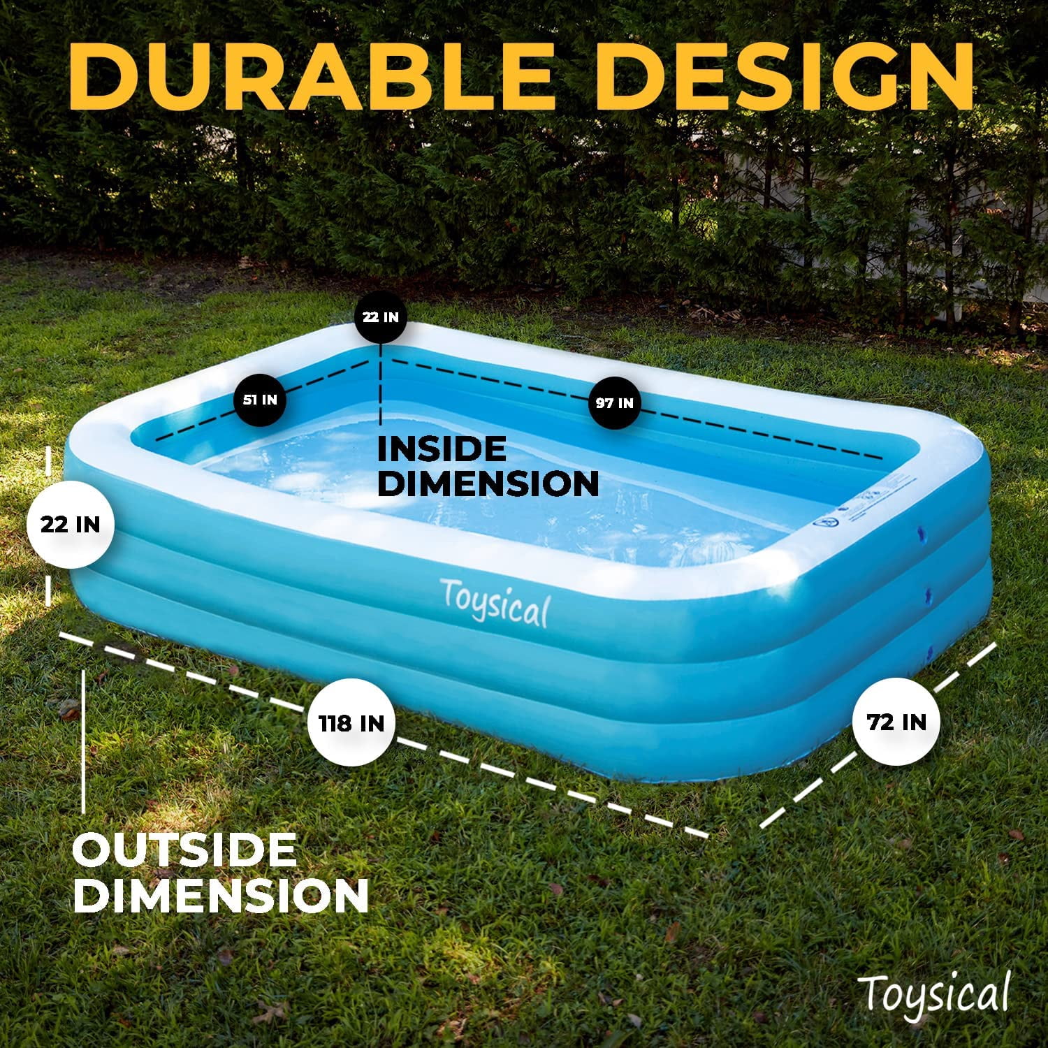 Inflatable Pool for Kids and Adults - 118 x 72 x 22 -  with Pump & Patches