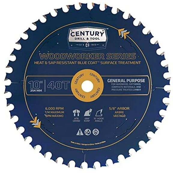Century Drill & Tool 10601 Woodworker 10" Circular Saw Blade – 40T, Heat-Resistant Blue Coating, Micro-Grain Carbide Teeth, 5X Longer Life