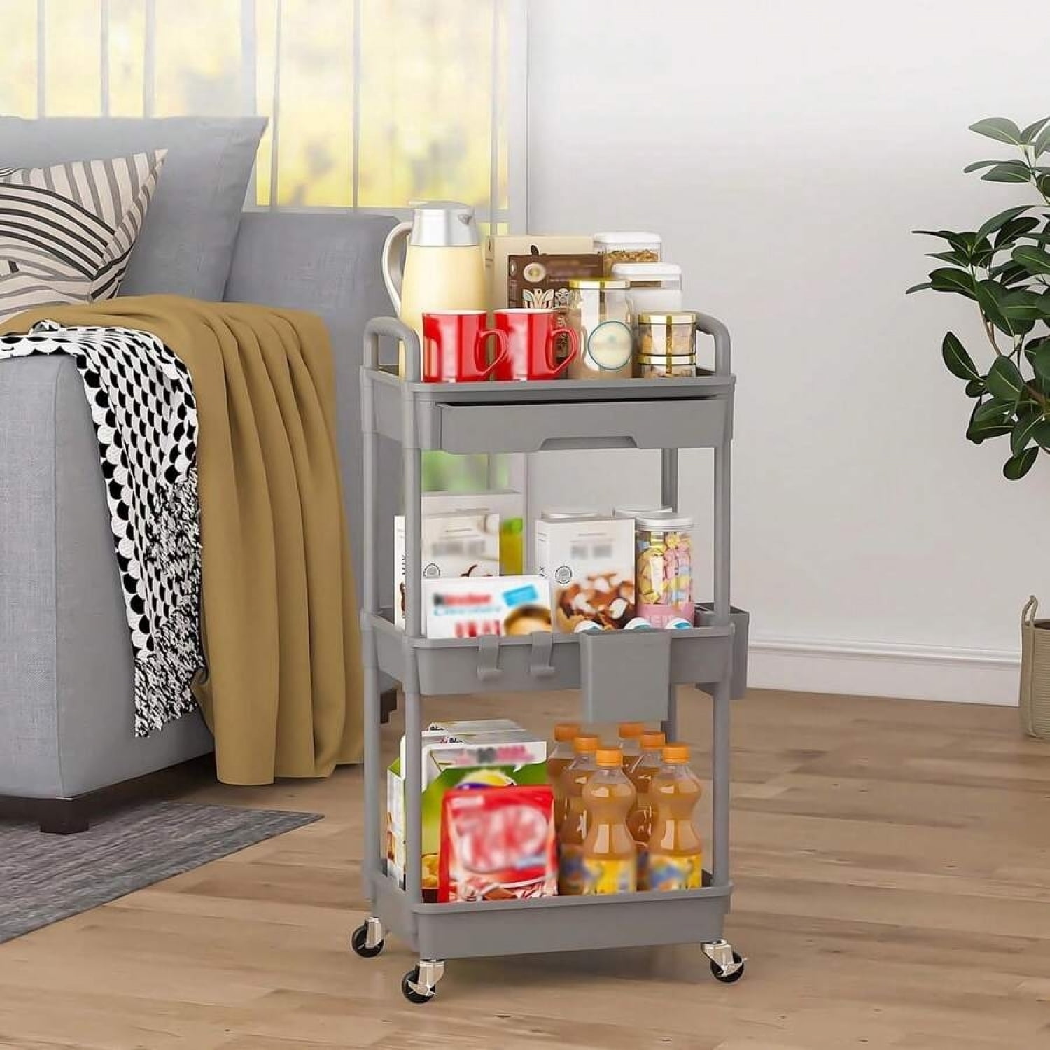 NTGFU 3 Tier Rolling Storage Cart with Drawers,Room Decor,Bathroom Decor,Rolling Utility Cart Rolling Storage Organizer Tool for Kitchen,Bathroom,Living Room,Office Outdoor Decor - Grey