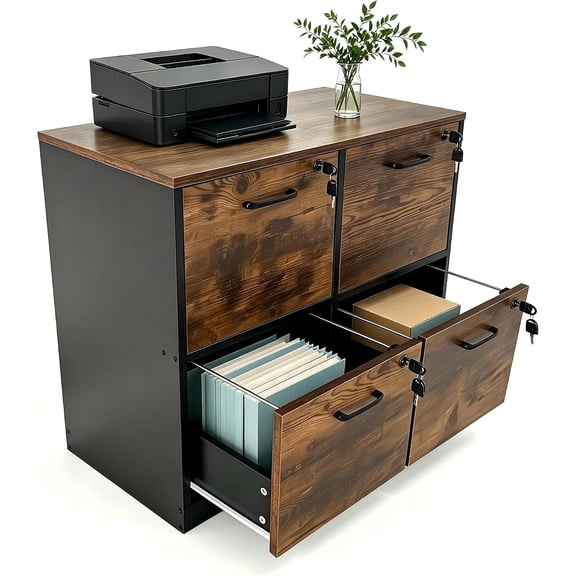 27.9-in H 4 Drawer Wooden Filing Cabinet with Lock Printer Stand File Storage Cabinet for Home Office Black Brown