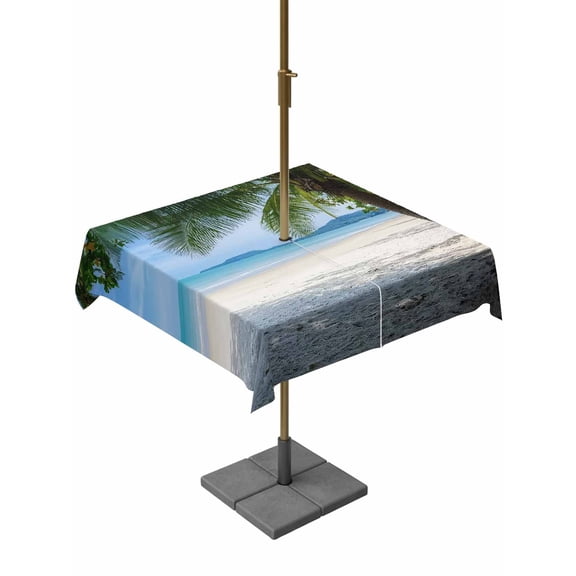 Outdoor Tablecloths with Umbrella Hole & Zipper, Coastal Beach 54x54 Inch Square Tablecloths, Summer Ocean Sea Modern Palm Coconut Tree Waterproof Table Cloth, Patio/Pool/Picnic Table Covers