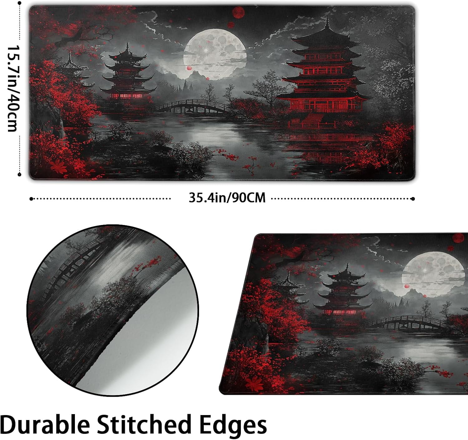 Japanese XXL Gaming Mouse Pad - 35.4x15.7 Inch Black Red Design, Extended Large Keyboard Full Desk Mat, Non-Slip Rubber Base, Stitched Edges, Perfect for Home Office