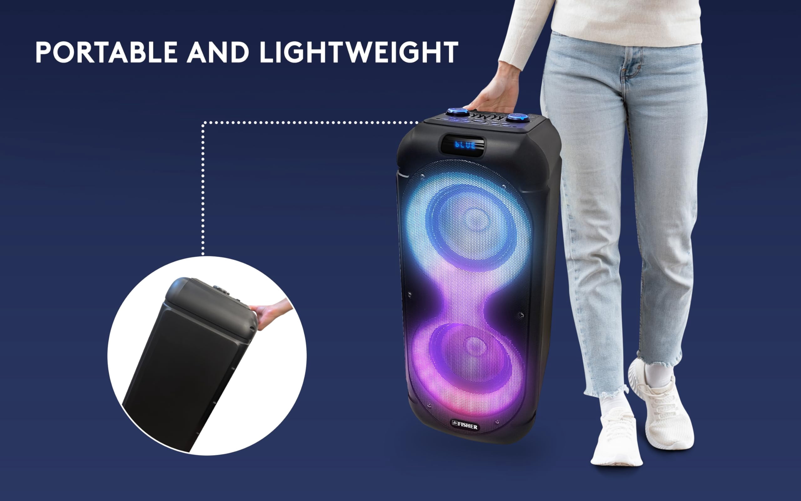 Fisher Portable Bluetooth Wireless Speaker System: Dual 8" Subwoofer 80W Peak Power|Loud HD Deep Bass Sound & LED Lights, Rechargeable Karaoke, TWS Pairing, USB Port, TF, AUX, FM Radio & Handle Bar