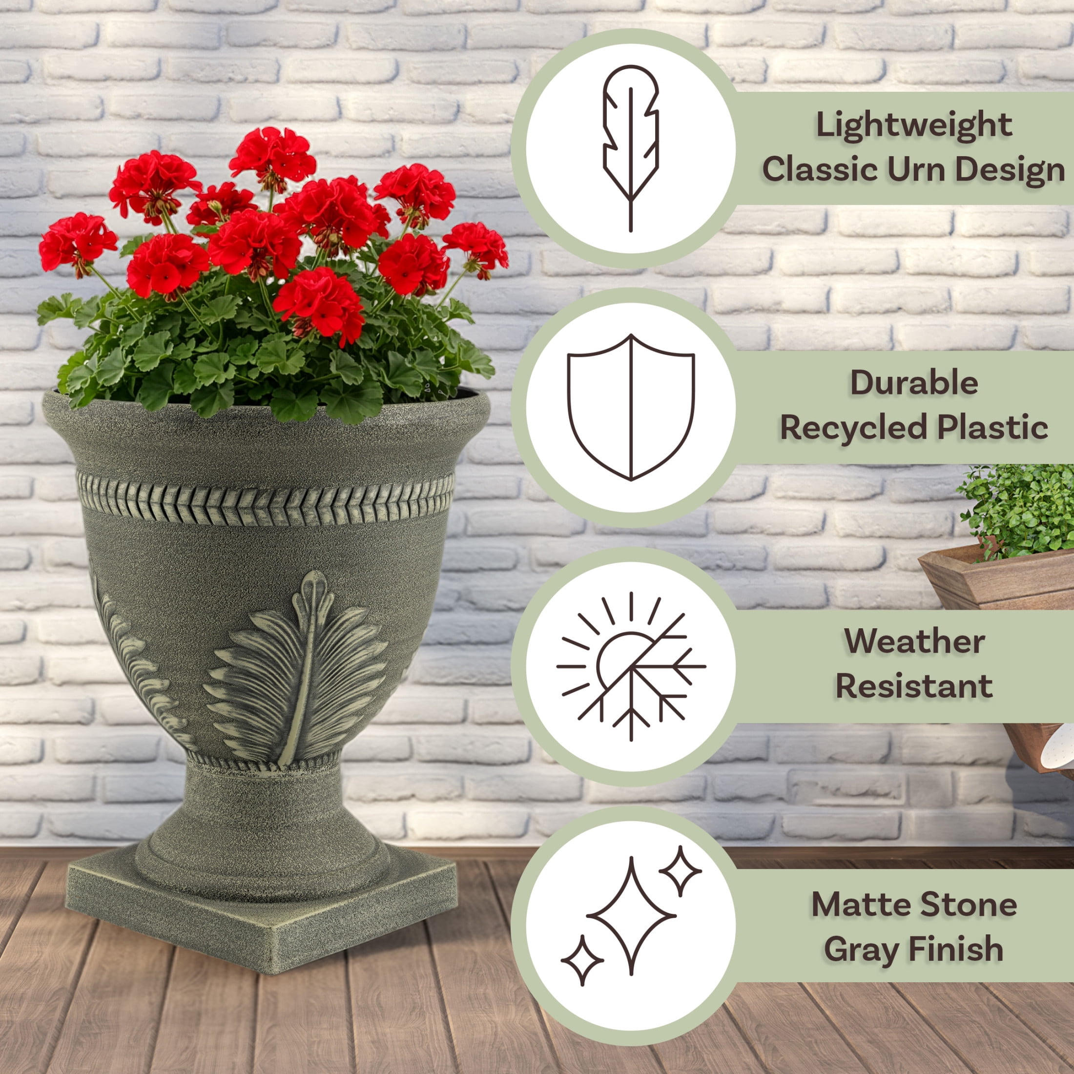 Pure Garden Outdoor Planter 2-Pack - 15.25x18.8in Large Plastic Urn Planters with Drainage, Gray
