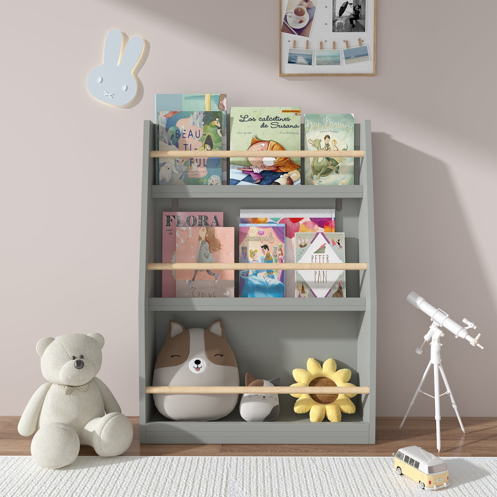 Miniyam 3-Tier Wooden Bookshelf with Toy Storage for Kid, Gray