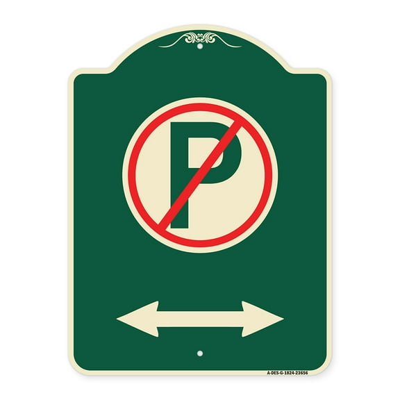 SignMission Designer Series Sign - No Parking Symbol with Bidirectional Arrow | Green & Tan 18" x 24" Heavy-Gauge Aluminum Architectural Sign | Protect Your Business & Municipality |