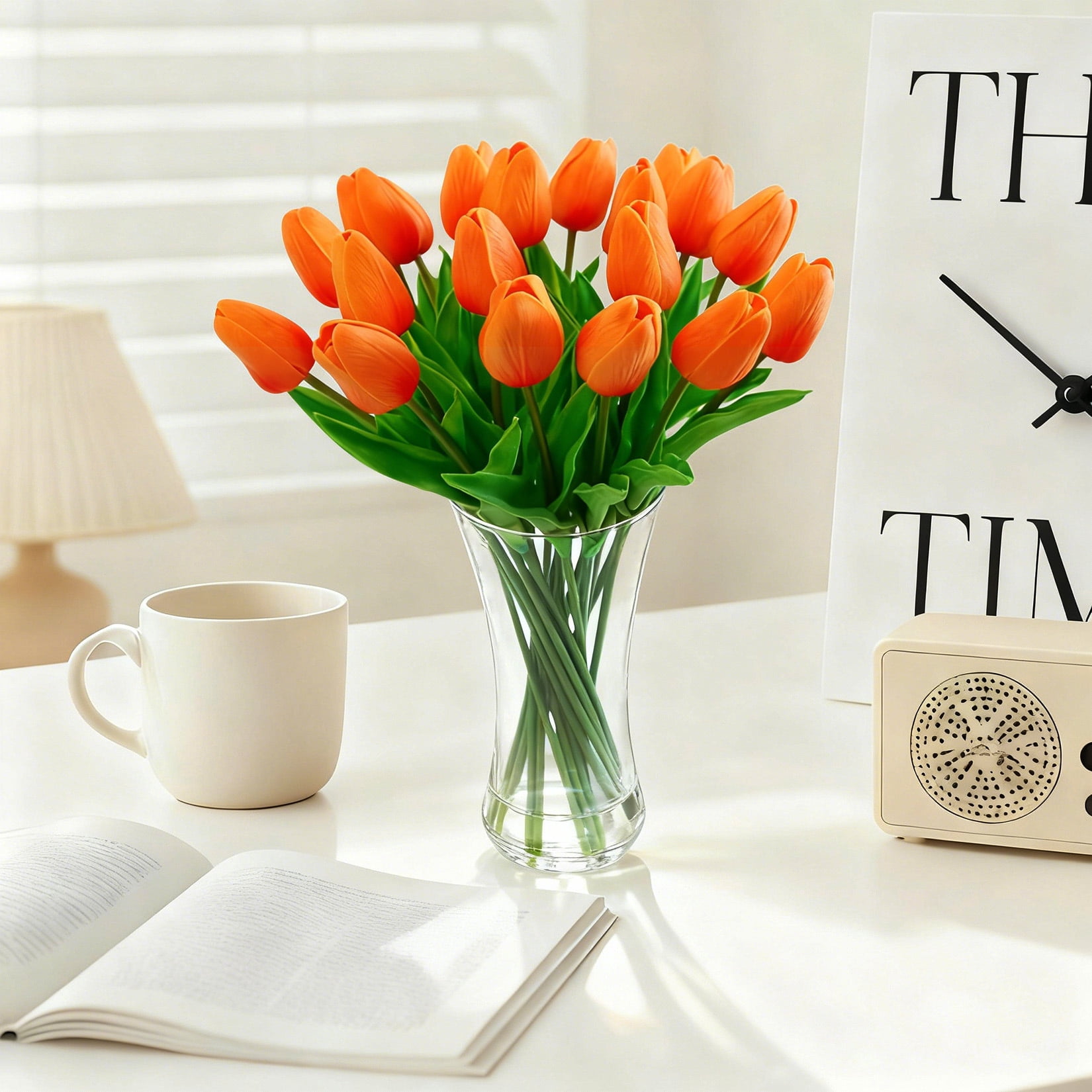 20 Pcs Artificial Real Touch Tulips Flowers in Glass Vase, Orange Tulip Arrangement with Faux Water for Dining Table Home Decor Wedding Centerpieces