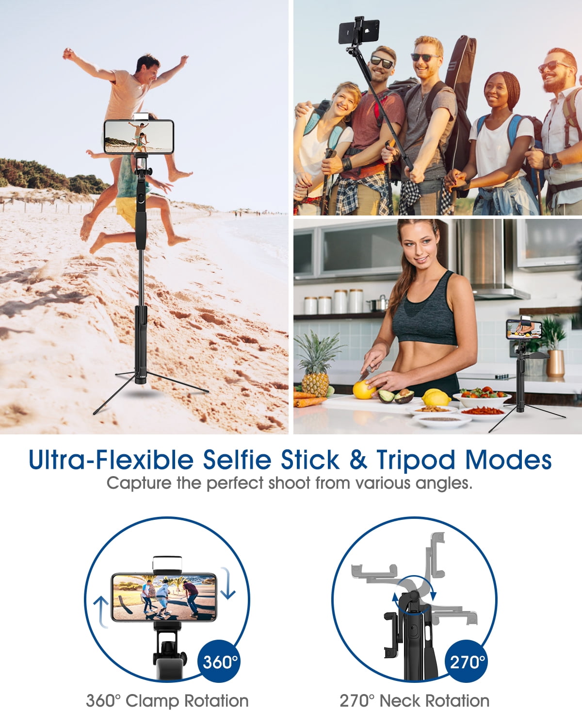  Blukar Selfie Stick, 4 in 1 Extendable Bluetooth Selfie Stick  Tripod - 360° Rotation Stable Tripod Stand with Detachable Wireless Remote,  Compatible with GoPro, Small Camera and Smartphones(4.7-6.7) : Cell Phones  & Accessories