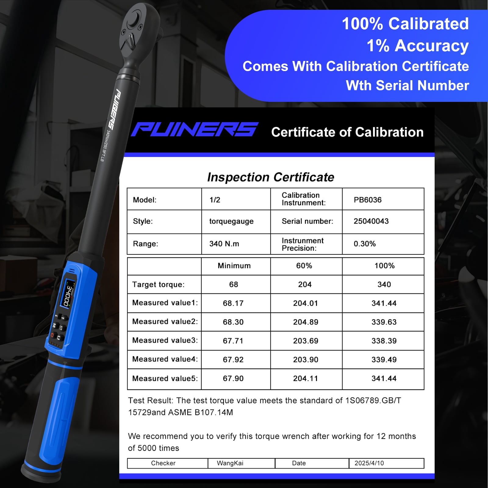 PUIBERS Digital Torque Wrench 1/2 Inch Drive 4-250FT.LB (5-340Nm) ±2% High Accuracy,5 Units lb-ft/lb-in/Nm/kg-cm/kg-m,LCD with Buzzer & LED Alerts