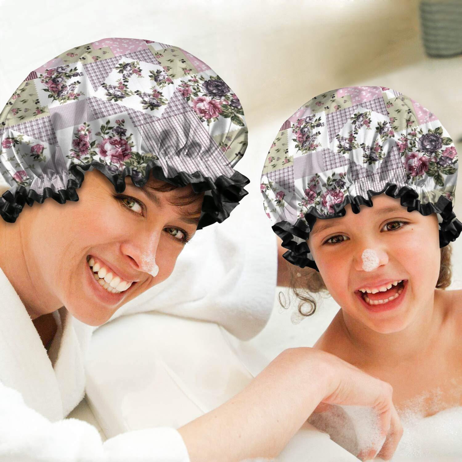 Shower Caps,Pioneer Flower Floral Print Pattern Waterproof Shower Cap for Women 4 Pieces,Double Reusable Hair Cover for Shower PEVA Elastic Stretch Hem