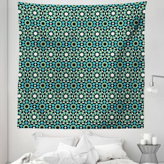 Moroccan Tapestry, Vintage Look Repetitive Geometry Inspired Art, Fabric Wall Hanging Decor for Bedroom Living Room Dorm, 5 Sizes, Sky Blue Reseda Green, by Ambesonne