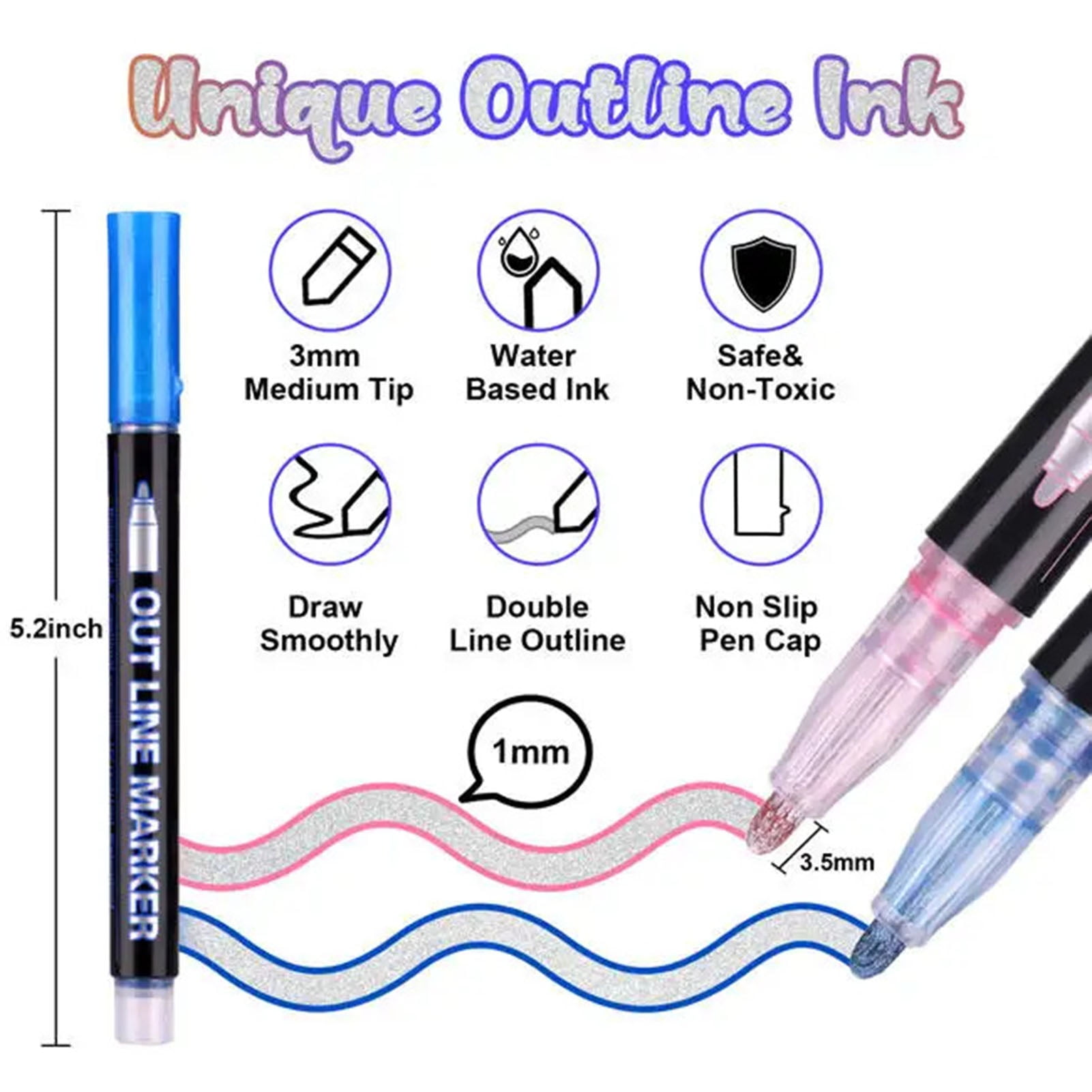 Sylvtty Dual-Tip Metallic Outline Pens Fluorescent Marker with Colorful Borders Smooth Tip Highlighters for Cards Crafts & Notes
