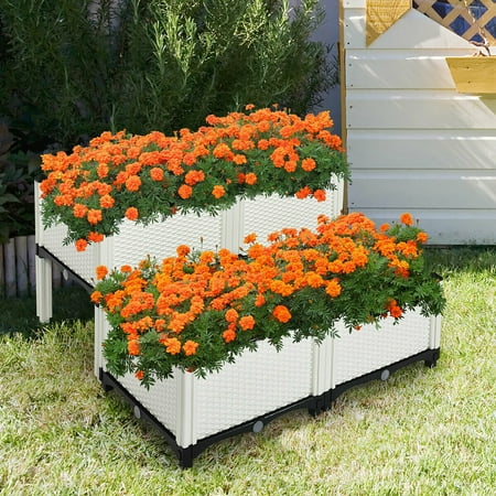 Costway Set of 4 Raised Garden Bed Elevated Flower Vegetable Herb Grow Planter Box - White