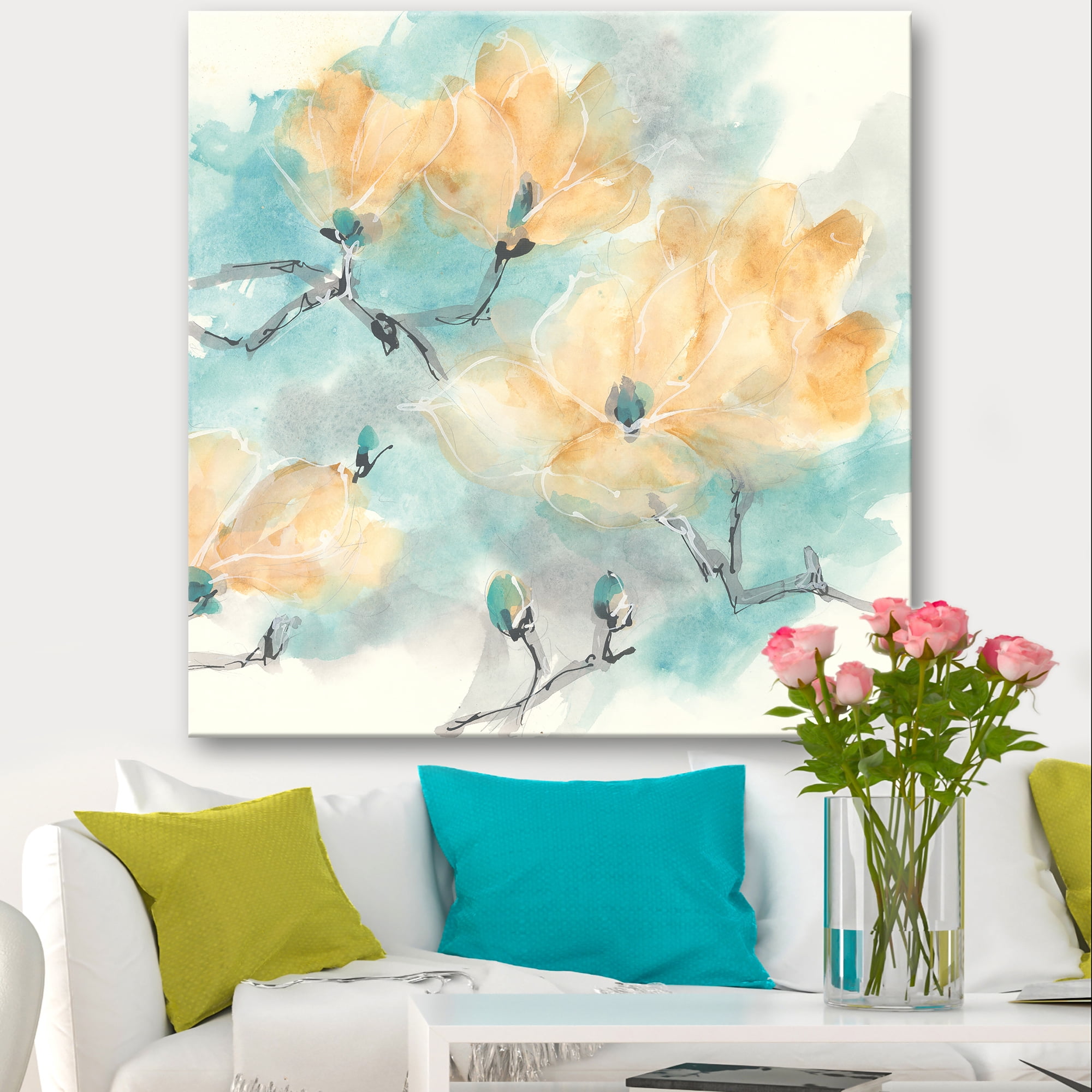 Designart 'Teal Buds I' Cabin & Lodge Premium Canvas Wall Art