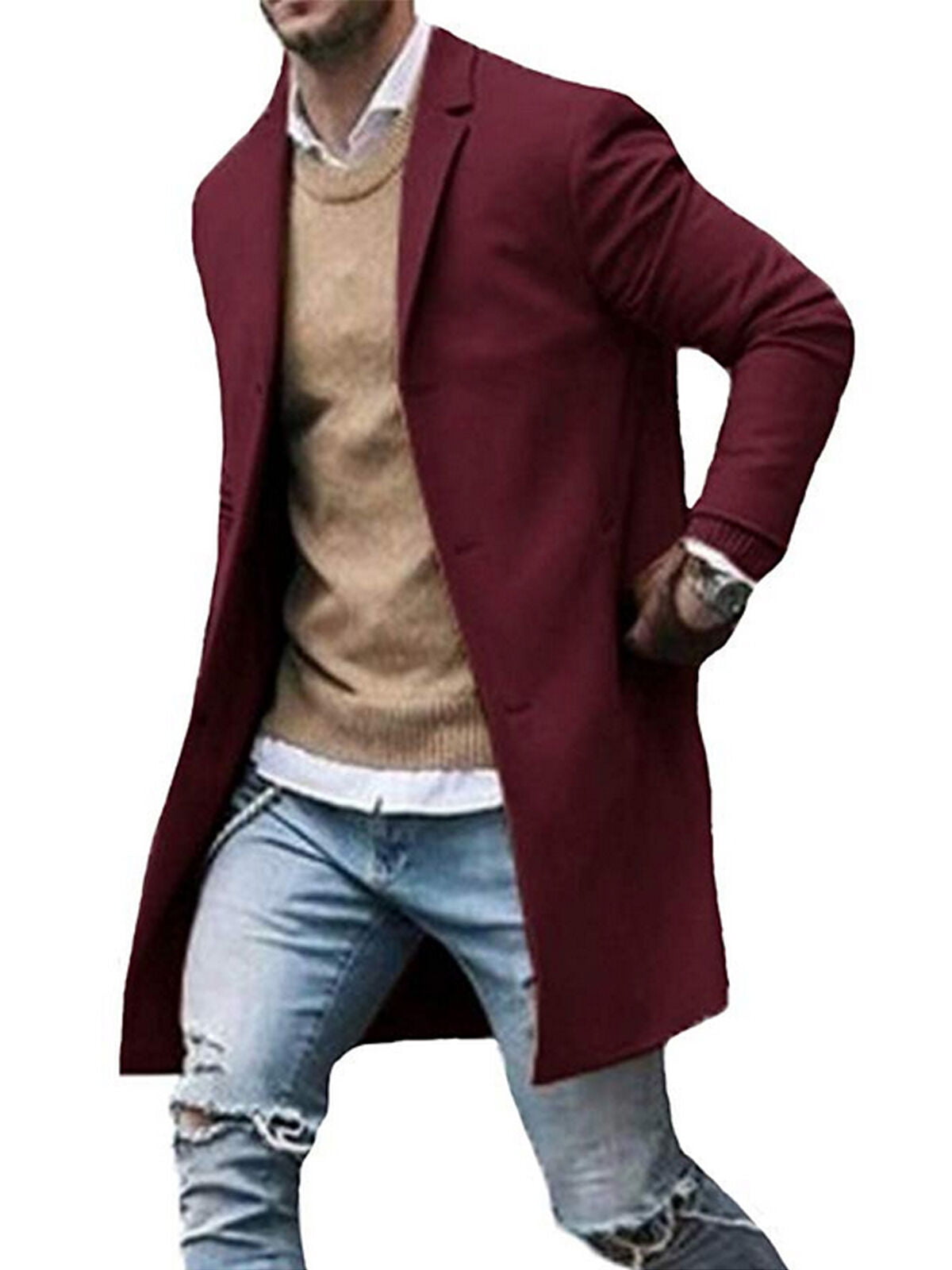 Men's Wool Coat Winter Warm Trench Coat Outwear Overcoat Long Sleeve Jacket 