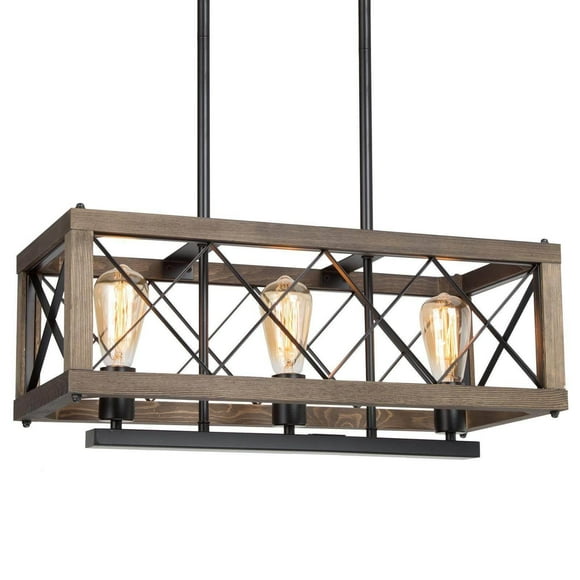 LNC Lucia Matte Black and Wood Grain Farmhouse Cage LED Linear Chandelier, Kitchen, Dining Room, Foyer, Bedroom Chandelier Light,24"Wx10"H,FBZAZ3WM1CA395647|Walmart Canada