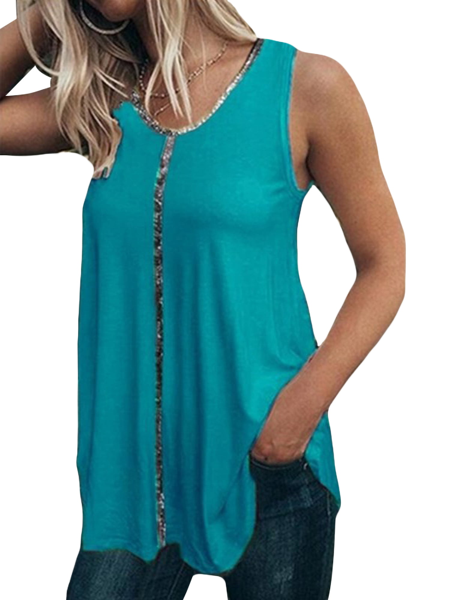 Fashion Sequins Plus Size V-Neck Summer Peated Flowy Tunics Cami Vest Blouse Halter Tank Tops for Women 