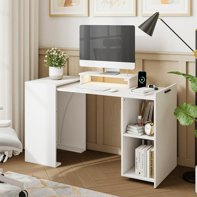 Escritorio - Expandible Plegable - Luces LED RGB - Escritorio Minimalista Con Estación De Carga - Estructura Solida MDF - 2 Estantes De Almacenamiento, Ahorro de Espacio - Fácil De Instalar.
