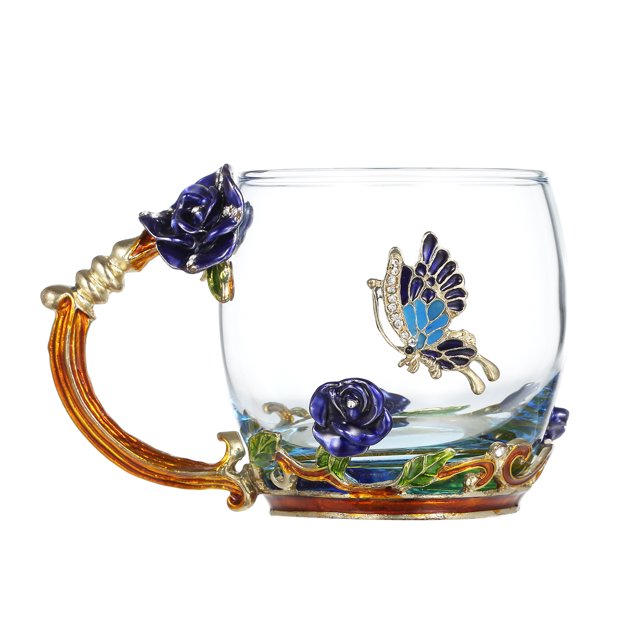 Labymos Blue Rose Enamel Craft Water Cup Drink Mug with Handle Design Tea Coffee Cup