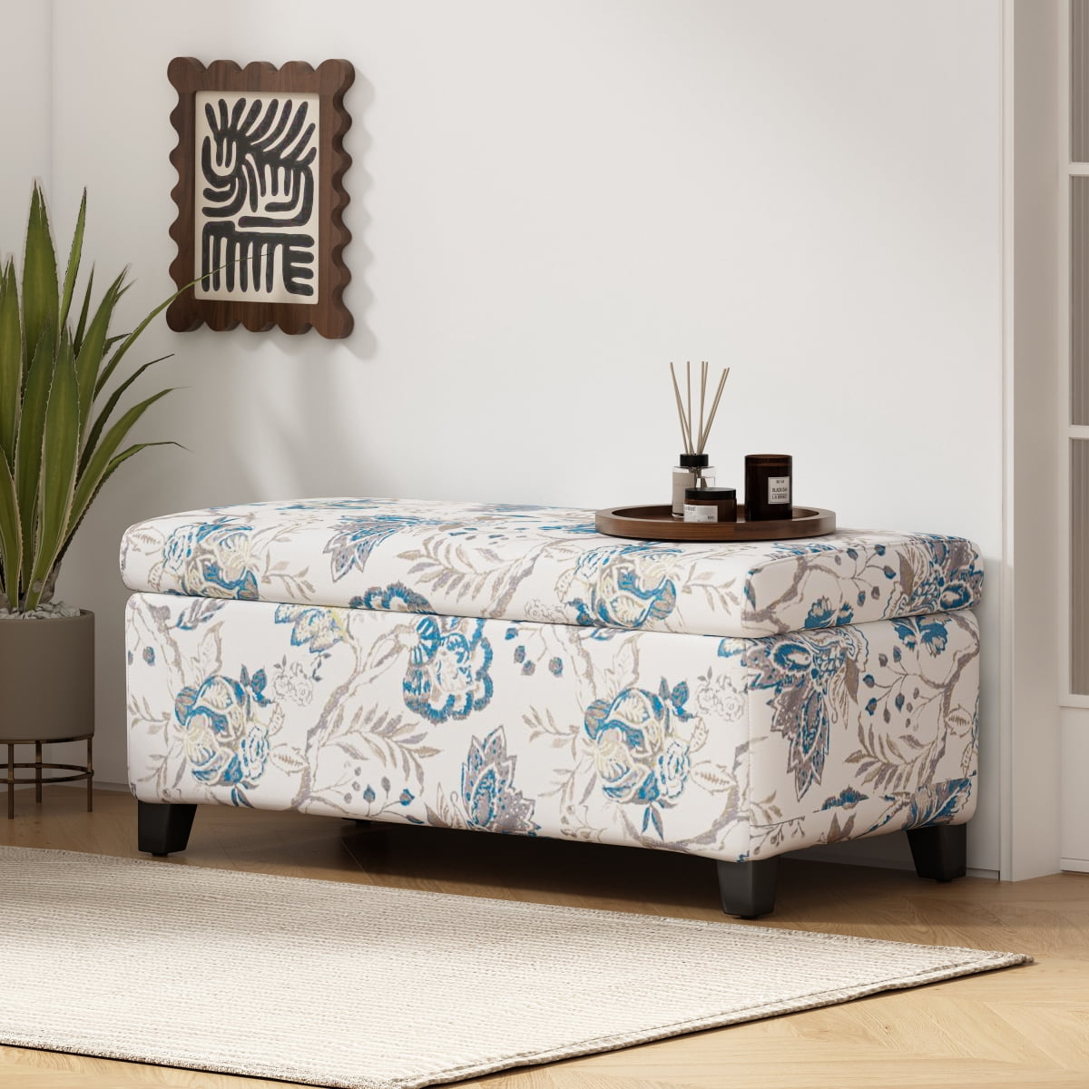 Miekor Furniture Luxury Storage Ottoman with Floral Patterned Fabric, Soft-Close Hinges, Multi-Functional Footrest & Seat for Living Room, Bedroom - Hidden Compartment for Blankets/Pillows No0664