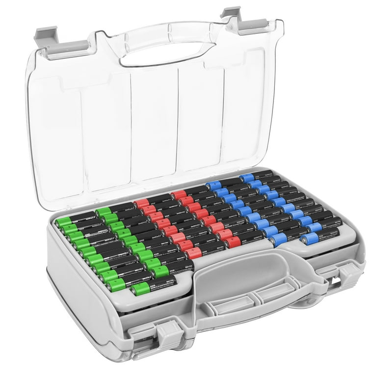 The Battery Organizer Storage Case with Hinged Clear Cover, Includes a  Removable Battery Tester, Holds 180 Batteries Various Sizes Gray. 