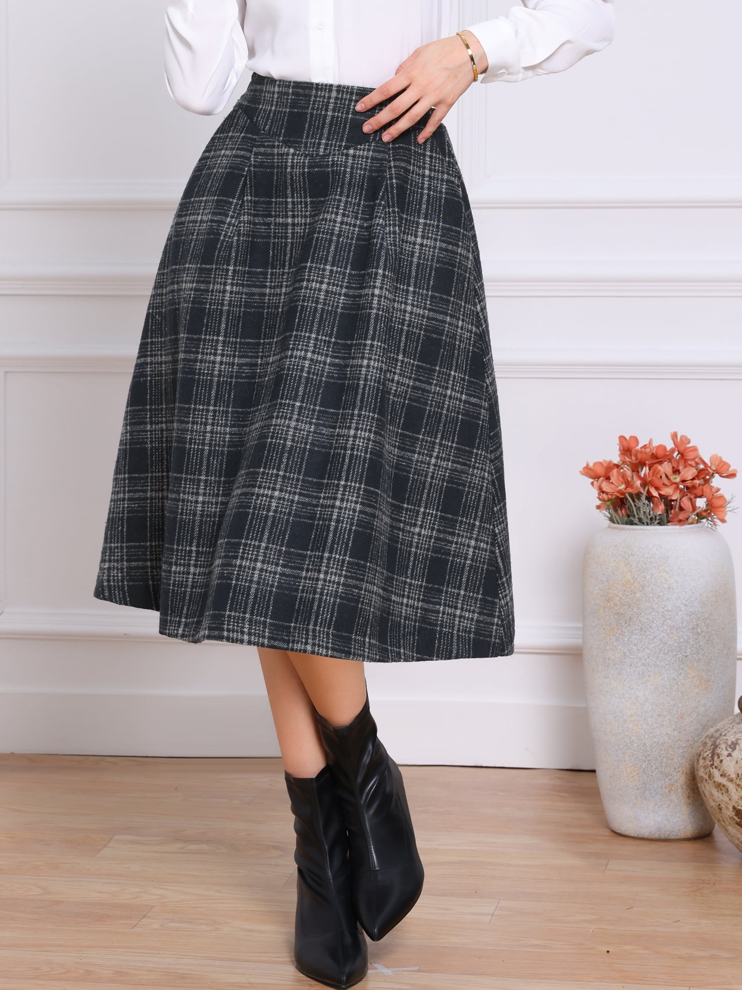 DARING DIVA Women's Midi A-Line Pleated Skirts with Pockets XS Dark Blue